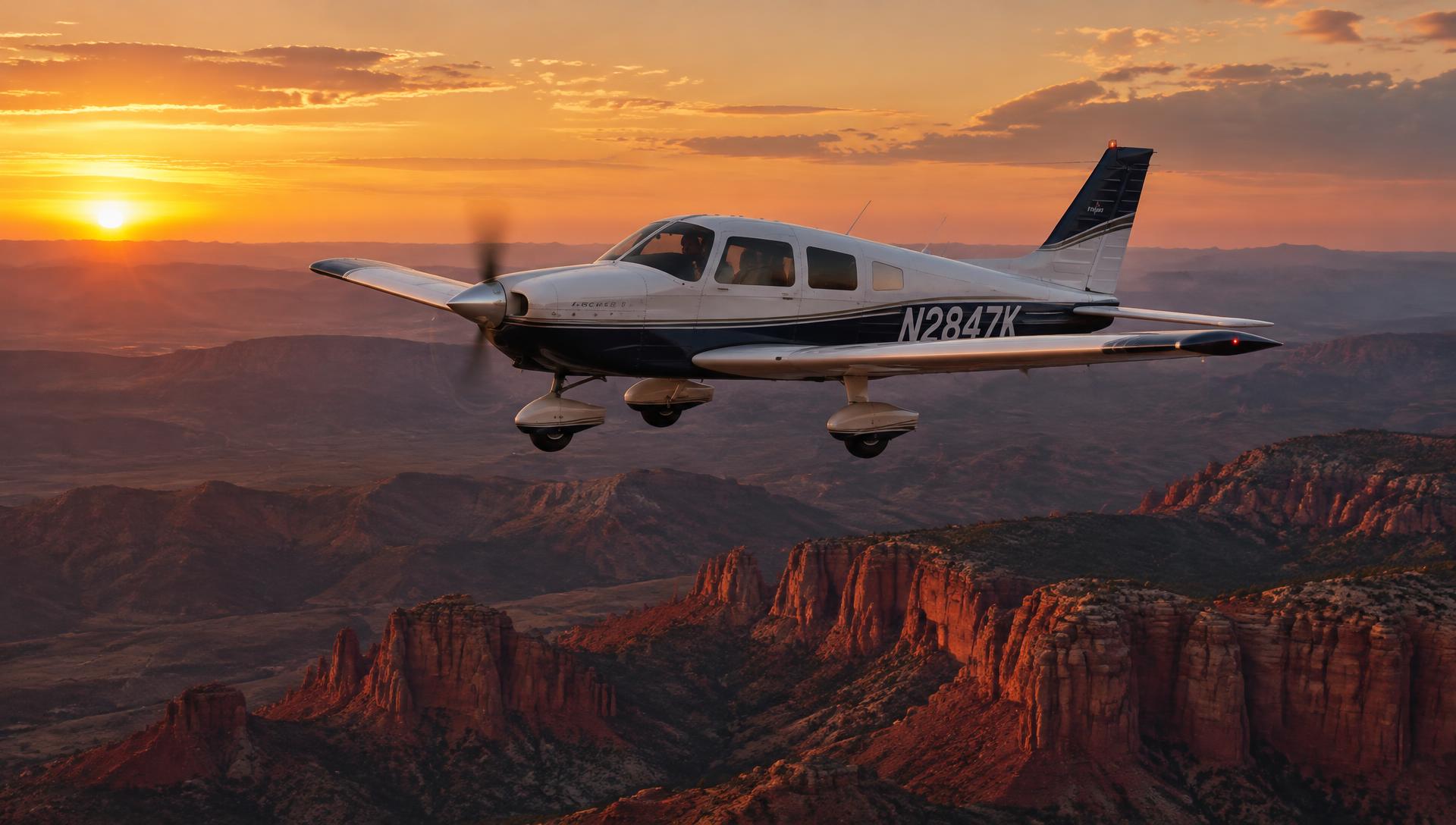 Airplane flying over Southern Utah canyons at sunset